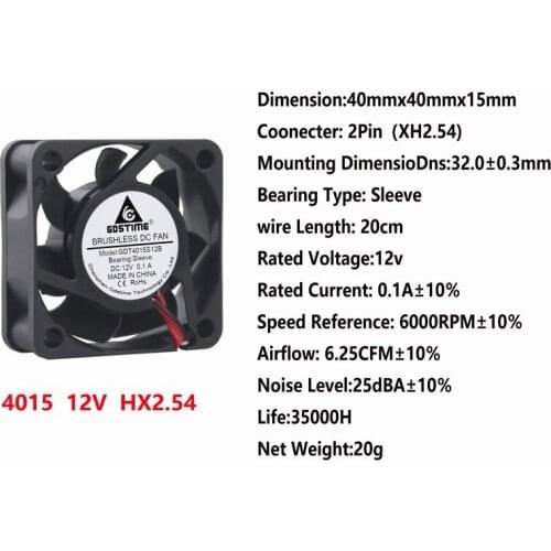 100 pieces Gdstime 4cm Cooling Fan 40mm x 15mm DC 12V 2 Wire 2Pin Connector Small Cooler 40x40x15mm 4015