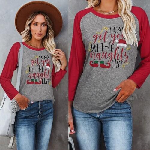 2020 Womens casual street Wear loose round neck Christmas print long sleeve T-shirt
