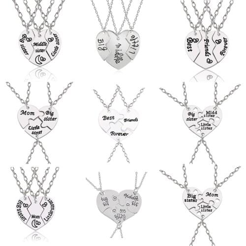 Best Friend 3pcs Love Heart Sister Necklace Women Big Little Sis Mom BFF Necklaces Pendants Fashion Family Jewelry Collier Femme