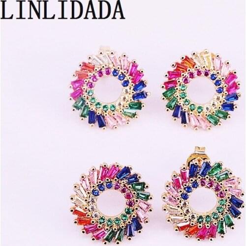 6Pairs 16mm Gold color rainbow cz zirconia micro pave circle stud earring trendy jewelry For Women