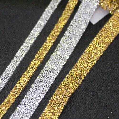 1 Yard Sewing Trim Crystal gold Strass Hot Fix Rhinestone Tape Applicator Ribbon With Rhinestones Iron On Appliques For Dresses