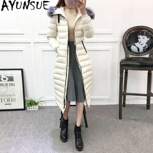 AYUNSUE 2020 New Winter Womens Down Jacket Hooded Long Coat Fox Fur Collar White Duck Down Jackets for Women JL-1806 KJ2666