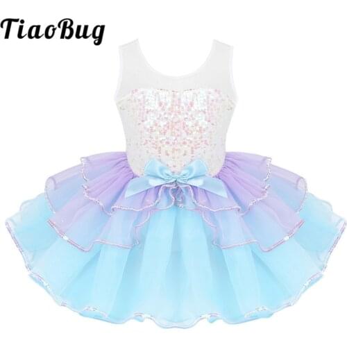 TiaoBug Kids Girls Shiny Sequins Bowknot Mesh Splice Dancewear Gymnastics Leotard Tutu Ballet Dress Stage Performance Costume