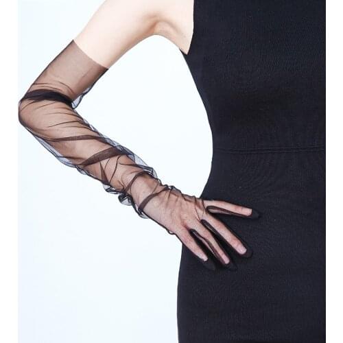 Long Sheer Tulle Gloves Wedding Bride Dress Gloves Fashion Solid Color Transparent Ultra Thin Mitten Bridal Elbow Long Gloves