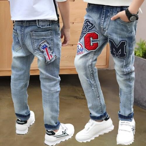 2019 Big Boys Jeans Cotton Fashion Teen-ages High Quality boy pants boys harem pants Elastic Full Length Appliques Size 100-160