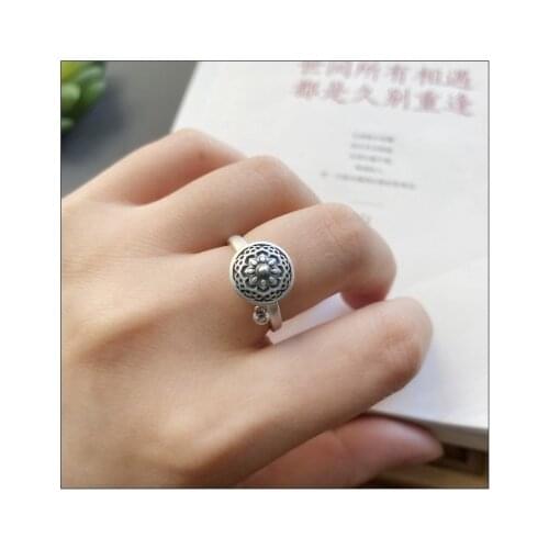 New S925 Sterling Silver warping cylinder ring retro made old six character real word talisman adjustable ring