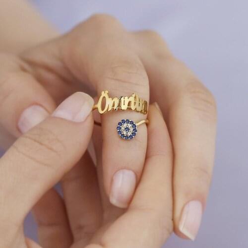 Vaoov 925 Sterling Silver Personalized Evil Eye Bead Detailed Name Ring - Made in Turkey