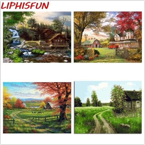 LIPHISFUN Full Round Square Diamond embroidery Cross stitch Villa House DIY 3D Diamond painting Country Scenery Home Decoration