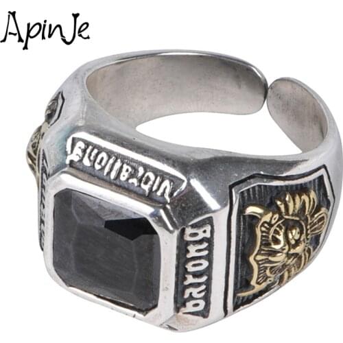 Apinje Black Stone Ring for Men Real Solid 925 Silver Vintage Synthetic Zircon Biker Men Jewelry