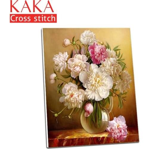 KAKA Cross stitch kits,5D Peony Flowers Vase,Embroidery needlework sets with printed pattern,11CT canvas,Home Decor Painting