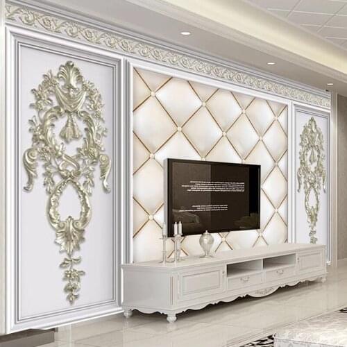 White Plaster Mural Wallpaper For Walls 3D European Style Embossed Leather Soft Bag Living Room Sofa TV Background Wall Painting