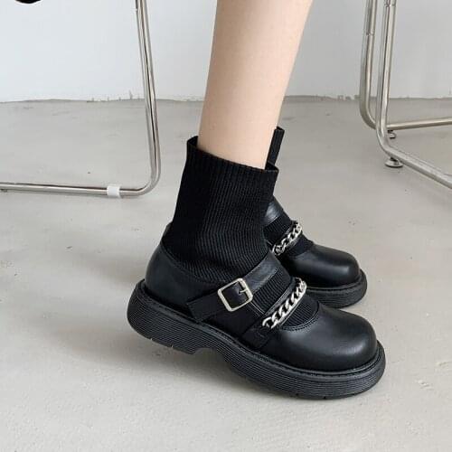 New Ankle Boots for Women Shoes Woman Strech Fabric Sock Boots Square Heels Platform Shoes Leather Autumn Buckle Winter Boots