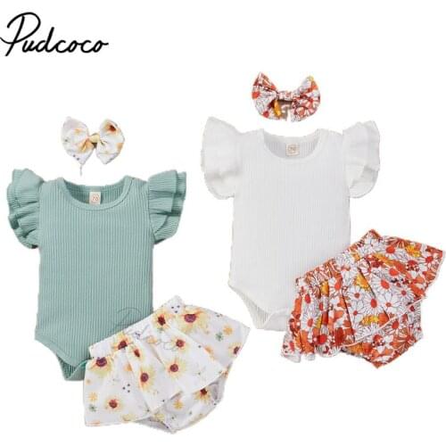 Three Piece Baby Girl’s Clothes Fashion Solid Color Fly Sleeve Romper and Flower Shorts with Headband