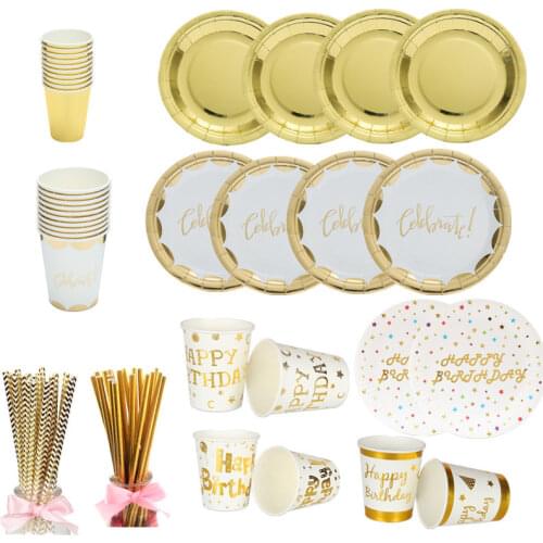 10pcs Gold Party Disposable Tableware Champagne Cup Plate Straws 1st Birthday Party Decor Kids Baby Shower Party Supplies