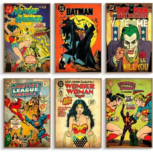DC Retro Comic Posters Justice League Vintage Canvas Painting Wonder Woman Batman Superman Wall Decoration Art Prints Home Decor