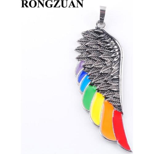 RONGZUAN Stainless Steel Angel Wing Pendant Necklace for Men Women Rainbow Enamel Beads Vintage Silvers Charm Jewelry TN3667