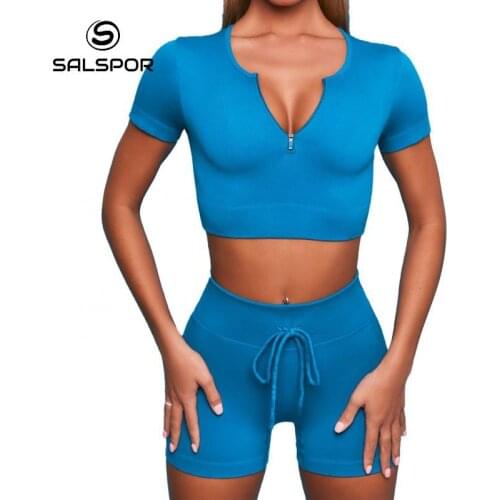 SALSPOR Elasticity Seamless Knitting Skinny 2 Piece Sets Womens Outfits Chest Zipper Tracksuit Shorts Sport Set Woman