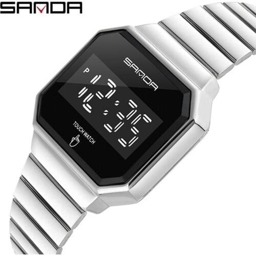 SANDA NEW Fashion Sports Mens Watches LED Touch Screen Electronic Digital Wristwatches Waterproof Stainless Steel Clock 8001