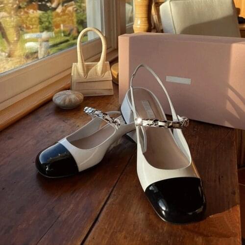 2021 Spring New Mary Jane Sandals Square Head Pearl Chain Thick Heel Single Shoe With Empty Back