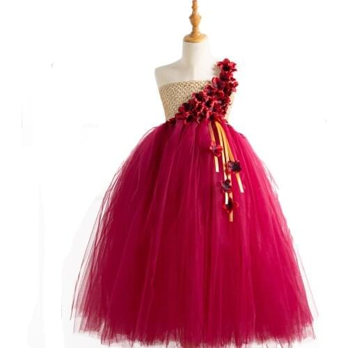 POSH DREAM Vintage Beautiful Red Flower Girls Dresses Withe Flower Headband One Shoulder Flower Red Girls Wedding Party Clothes