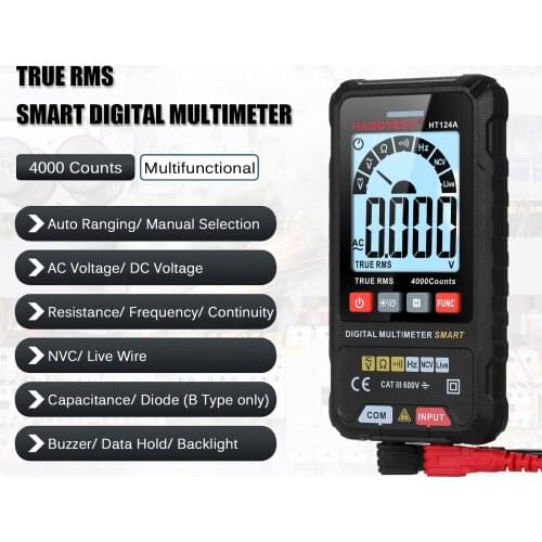 HABOTEST HT124A Smart Digital Multimeter 4000 Count True RMS Auto Ranging Voltage Meter with Backlight LCD 600V AC DC Voltmeter
