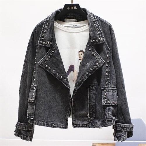 Vintage Black Denim Jacket Rivets Boyfriend Casual Jeans Outerwear Denim Coat Ladies Beads Loose Short High Street Jeans Jackets