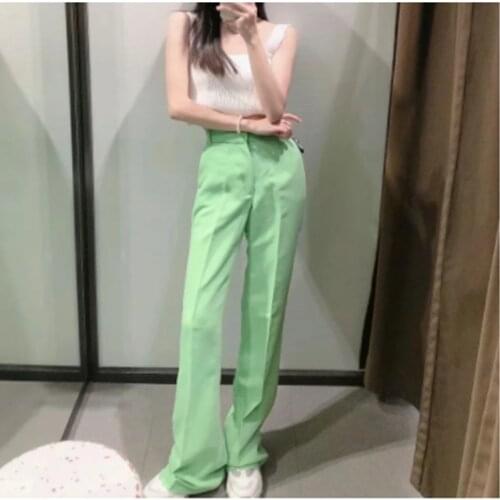 Za 2021 Women Green Pant High Waist Stright Pants Office Woman Casual Suits Pants Chic Pocket Female Blazer Trousers