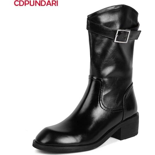 Ladies Black Genuine Leather Med Heels Ankle Boots Women Autumn Winter Punk Martin Short Boots Shoes Bottine Femme Botines Mujer