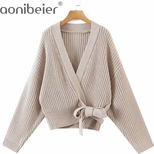 Aonibeier Autumn Winter Chunky Knit Cardigan Drop Shoulder Long Sleeve Wrap Front Lace-Up Women Loose Sweaters Pull Femme 2021