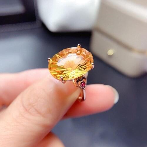 Big size heart style women ring natural yellow citrine ring party gift real 925 silver Certified natural gem Engagement ring