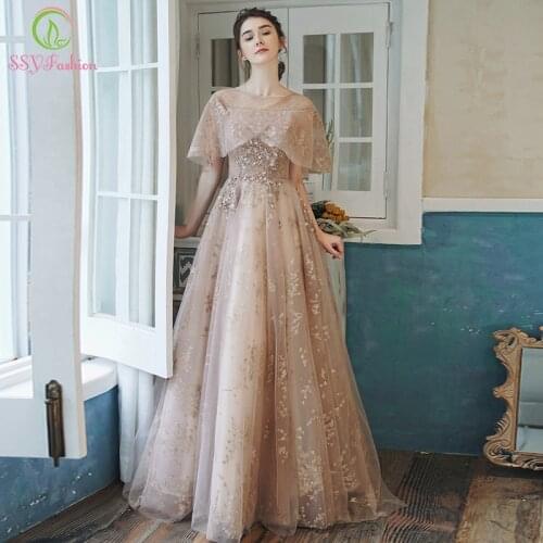 SSYFashion New Sweet Nude Pink Evening Dress Banquet Elegant Sequins Appliques Floor-length Formal Prom Gown Vestidos De Fiesta