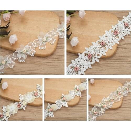 1 Yard Rose Flower Embroidery Lace Trim Ribbon Vintage Faux Pearl Beaded Appliques Bridal Ornaments DIY Sewing Supplies