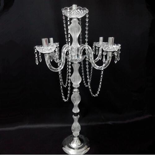 2018 hot sell 90 cm (H) Acrylic 5-arms metal candelabras with crystal pendants wedding candle holder table centerpiece