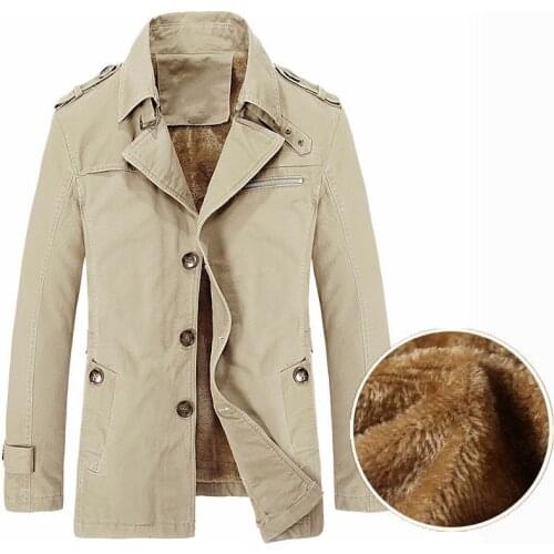 2021 Mens Fleece-Lined Thickened Autumn and Winter Business Single-Breasted Mid-Length Trench Coat