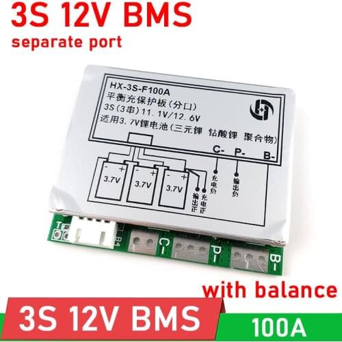3S 100A BMS with balance 12V 18650 Li-ion lithium battery protection board for 11.1V 12.6V lipo battery cell pack