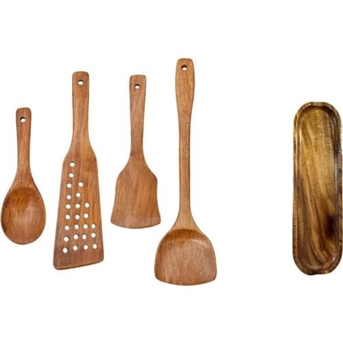4 Pcs Kitchen Wooden Utensils for Cooking, Wood Spatulas Spoons Cooking Tools with Teak Rectangular Wooden Plate