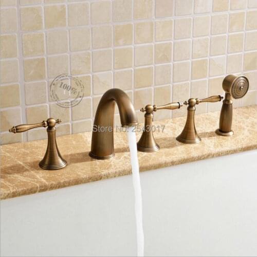 Brand New 5 pcs Bathtub Faucets Deck Mounted Hot and Cold Antique Copper 3 Handles Bathroom Mixer with Hand Shower ZR885