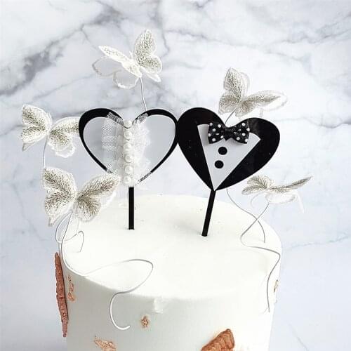 Wedding Acrylic Cake Topper Butterfly Bride and Groom Dressing Cupcake Topper For Party Wedding Cake Decorations 2019 New