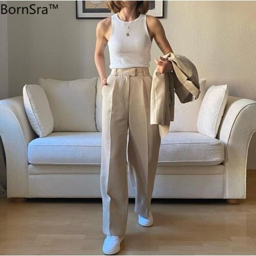Bornsra 2021 Spring Full Length Spring/Autumn High Street Button Fly Women Pants Korean Style Pants for Women