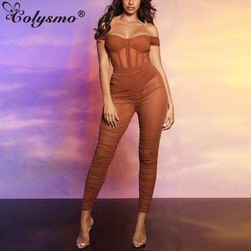 Colysmo Bodycon 2 Piece Set Women Ruched Pants Removable Pads Single Breasted See Through Mesh Set Sexy Vacation Outfits 2021