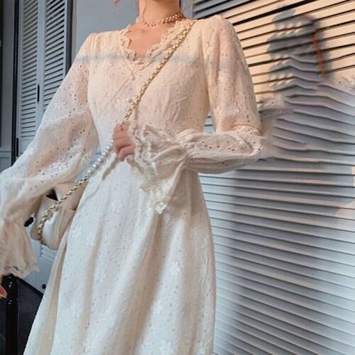 French Lace Party Dress Women Casual Long Sleeve Elegant Vintage Dress Female 2021 Spring Fairy Lace One Piece Dress Korean
