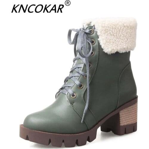 KNCOKAR Fashion Women Square Heel Ankle Boots Woman Round Toe Lace Up Martin Boot Female Vintage High Heels Shoes Size 33-43