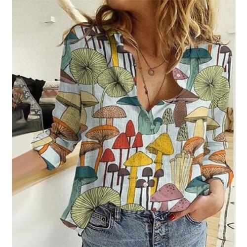 Button Shirt Blouse Plant Flowers Print Fashion Women Casual Turndown Collar Long Sleeve Artistic Shirts blouse femme chemise