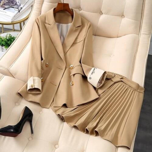 Womens Suits Autumn Winter High-end New Slim Double-breasted Workwear Elastic Waist Temperament Skirt Set Two-piece Wild Women