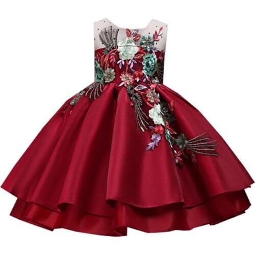 2021 Summer Flower Embroidered Bow Dress Satin Ceremony Clothing Party Elegant Wedding Girl Princess Dress Kids Clothes Vestidos
