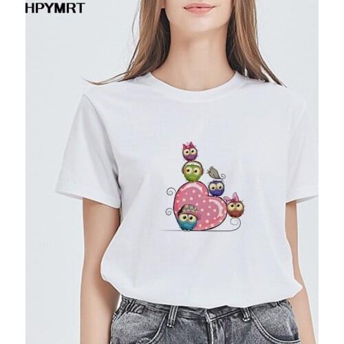 Summer New Tops Tee Trend Cute Owl print ladies T-shirt casual basics O-collar white shirt short sleeve ladies Tshirt,Drop Ship