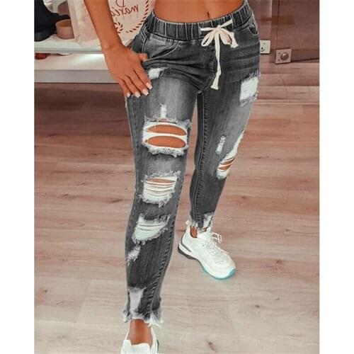 Summer Women Pants Trousers Streetwear Loose Denim Jeans Women Ripped Hole Stretch Jean Ladies Plus Size Drawstring Denim Jeans