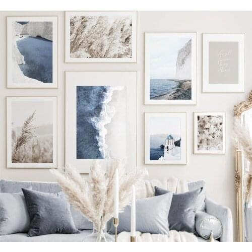 Nordic Beige Reed Canvas Painting Bell Tower Wave Crush Beach Poster Summery Landscape Wall Art Photographic Living Room Decor