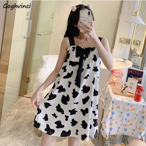 Nightgowns Women Summer New Cow Printed Lovely Cozy Spaghetti Straps Sexy Sweet Above Knee A-line Nightdress Sleep Chic Female