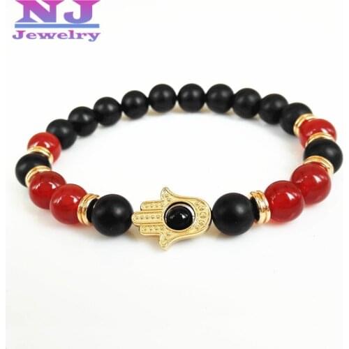 2015 New Design Red Stone with Black Matte Stone Stone Beads Hamsa Bracelet,Retail 24K Gold Hand Bracelet,Christmas Gift